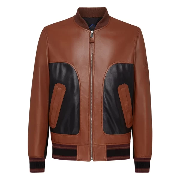 Men’s Brown and Black Bomber Leather Jacket | Stylish Two-Tone Design
