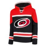 Red and black lace-up hockey-style hoodie with swirl chest logo.