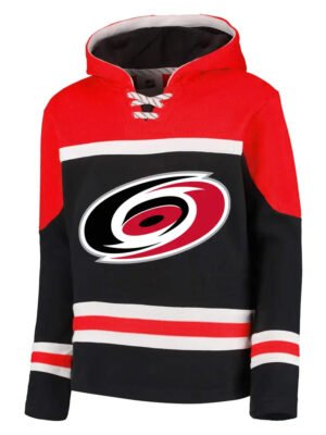 Red and black lace-up hockey-style hoodie with swirl chest logo.