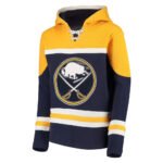 Navy blue and yellow lace-up hockey-style hoodie with retro striping