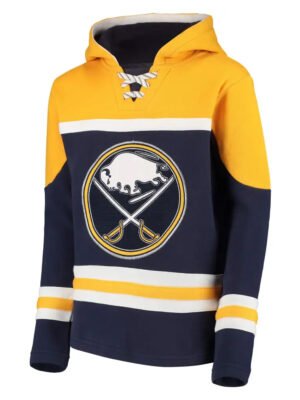Navy blue and yellow lace-up hockey-style hoodie with retro striping