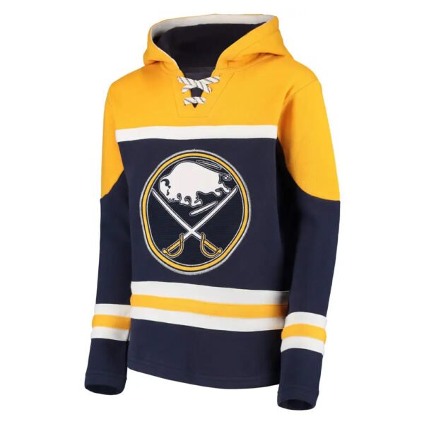 Navy blue and yellow lace-up hockey-style hoodie with retro striping
