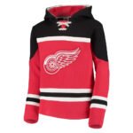 Red and black lace-up hockey hoodie with retro white striping