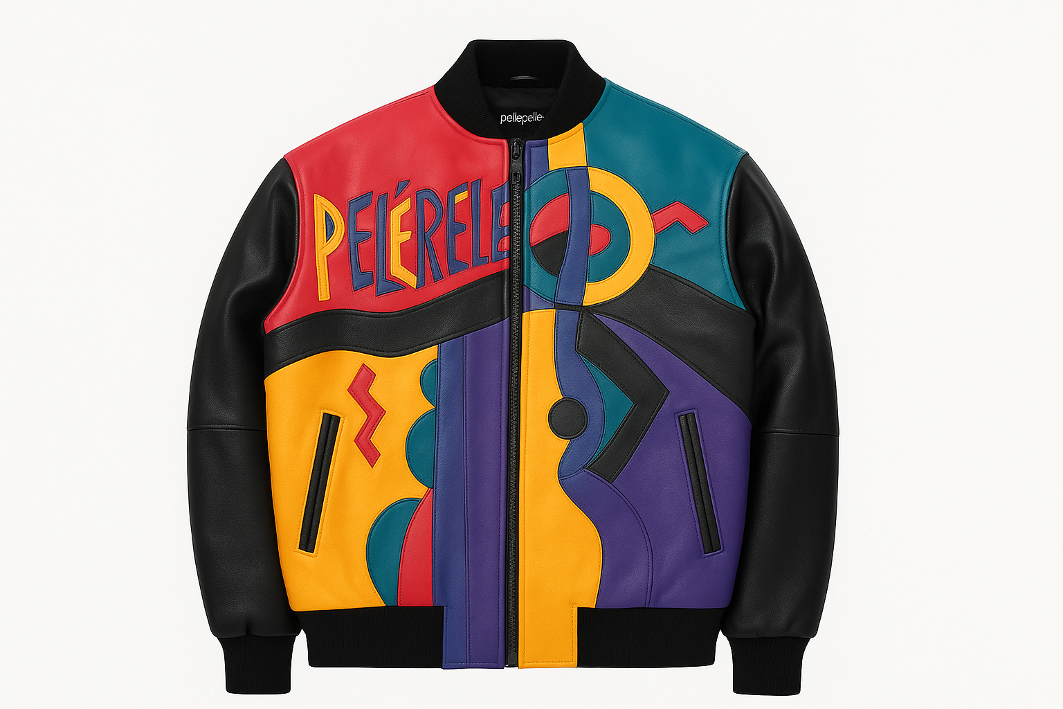 Pelle Pelle Picasso Plush leather jacket in horizontal format featuring bold abstract color blocks, graphic design, and retro streetwear style.