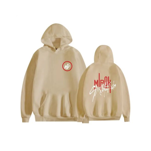 Beige Stray Kids Miroh Hoodie with Red Graphic Prints and SKZ Chest Logo
