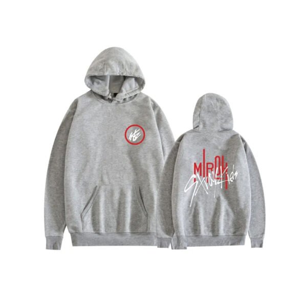 Light Grey Stray Kids Miroh Hoodie with Red Album Graphics and SKZ Front Logo