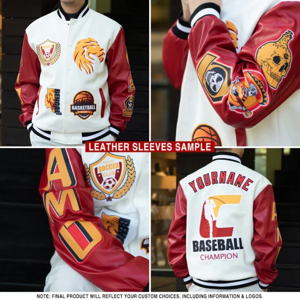 Custom black and white varsity letterman jacket with personalized name and number