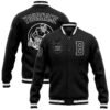 Custom black and white varsity letterman jacket with personalized name and number