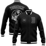 Custom black and white varsity letterman jacket with personalized name and number