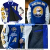 Custom black and white varsity letterman jacket with personalized name and number