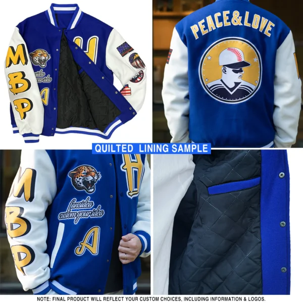 Custom black and white varsity letterman jacket with personalized name and number