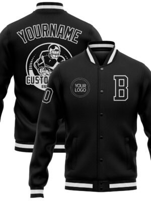 Custom black and white varsity letterman jacket with personalized name and number