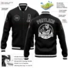 Custom black and white varsity letterman jacket with personalized name and number