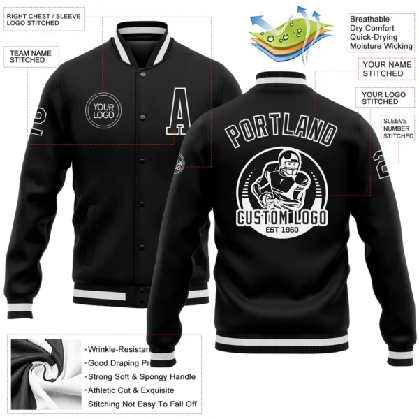Custom black and white varsity letterman jacket with personalized name and number