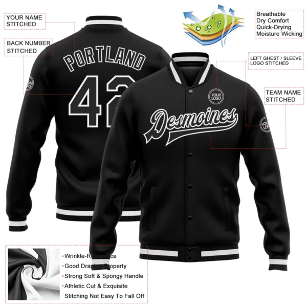 Black custom varsity jacket with white striped cuffs, personalized team name on the front, and custom name with number on the back.