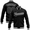 Black custom varsity jacket with white striped cuffs, personalized team name on the front, and custom name with number on the back.