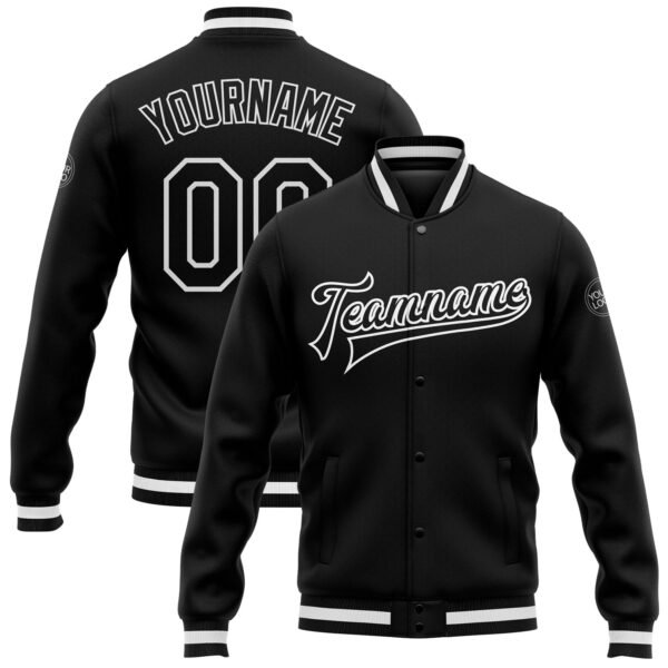 Black custom varsity jacket with white striped cuffs, personalized team name on the front, and custom name with number on the back.