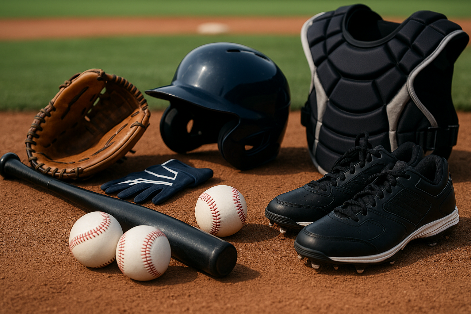 A high-quality photo of essential baseball gear including bat, glove, helmet, cleats, and protective chest guard arranged on a baseball field — representing the best baseball equipment for 2025.