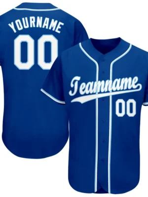 Custom Royal White-Light Blue Baseball Jersey with personalized name, number, and team design on front and back.