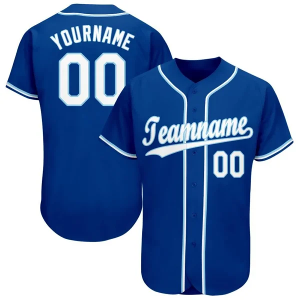 Custom Royal White-Light Blue Baseball Jersey with personalized name, number, and team design on front and back.