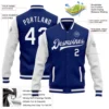 Custom blue and white varsity letterman jacket with personalized team name and number