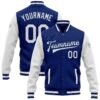 Custom blue and white varsity letterman jacket with personalized team name and number