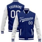 Custom blue and white varsity letterman jacket with personalized team name and number
