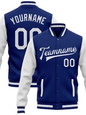 Custom blue and white varsity letterman jacket with personalized team name and number