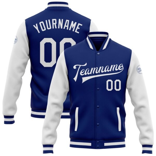 Custom blue and white varsity letterman jacket with personalized team name and number