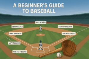 Educational baseball field diagram showing labeled player positions including pitcher, catcher, and fielders with bat, glove, and baseball in the foreground — illustrating beginner’s guide to baseball rules and layout.