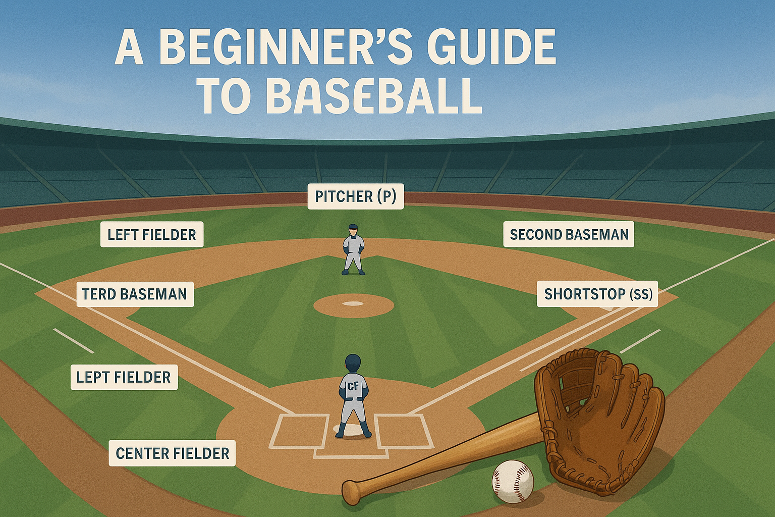 Educational baseball field diagram showing labeled player positions including pitcher, catcher, and fielders with bat, glove, and baseball in the foreground — illustrating beginner’s guide to baseball rules and layout.