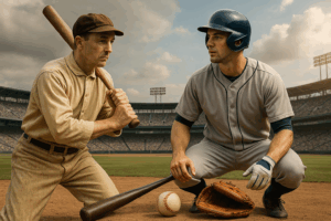 A side-by-side comparison of two baseball players from different eras — one in vintage uniform holding a wooden bat, and another in modern gear with glove and helmet — symbolizing the history and evolution of baseball.